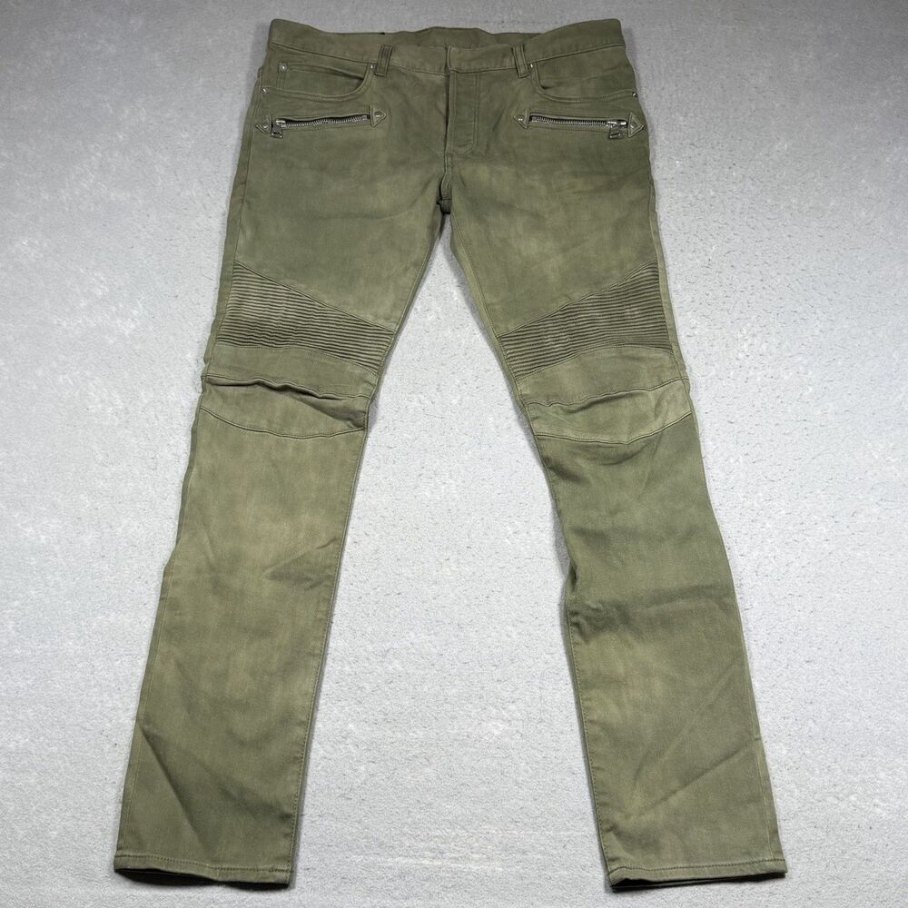 Balmain Paris Biker Moto Jeans Men’s 34 Olive Green Motorcycle Made In Japan